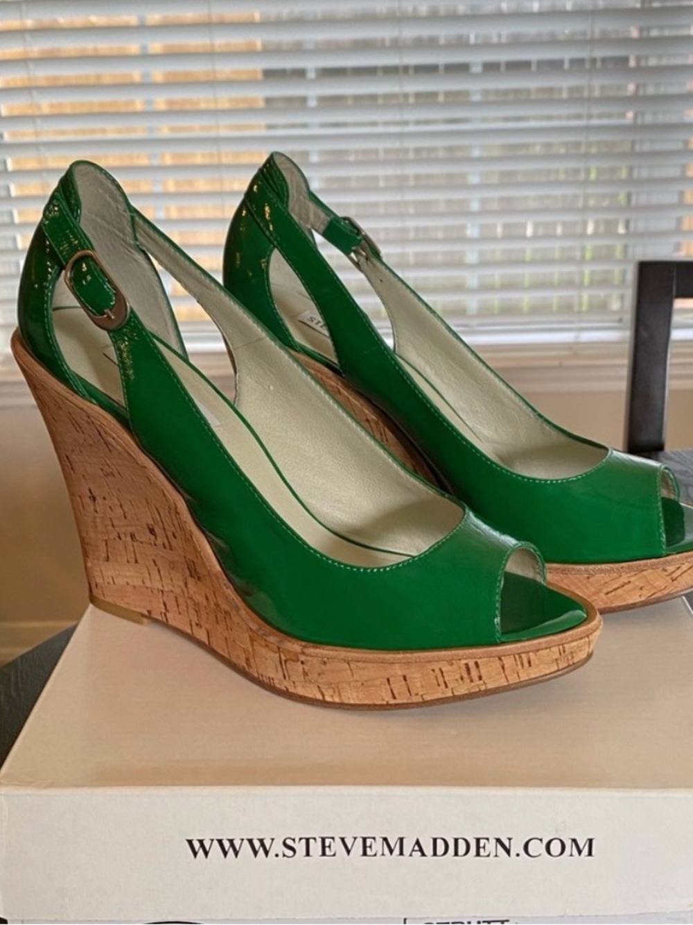 Strut! Green Patent Cork Wedge Peep-Toe Slingback